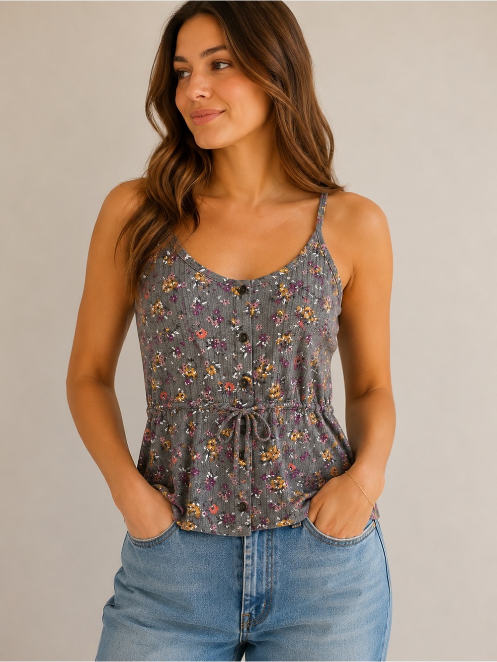 Maurices Gray Floral Ribbed Camisole with Tie Waist